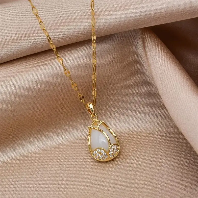 Tulip Pendant Necklace Gold White Crystal Women's Clavicle Chain