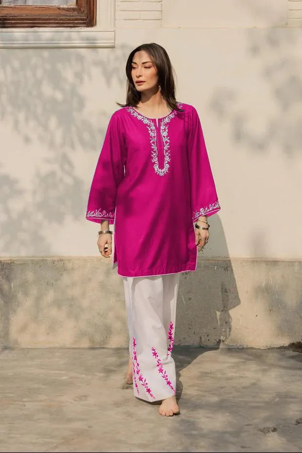 Pink Embroidered 2Pcs Emb Shirt Flapper Set