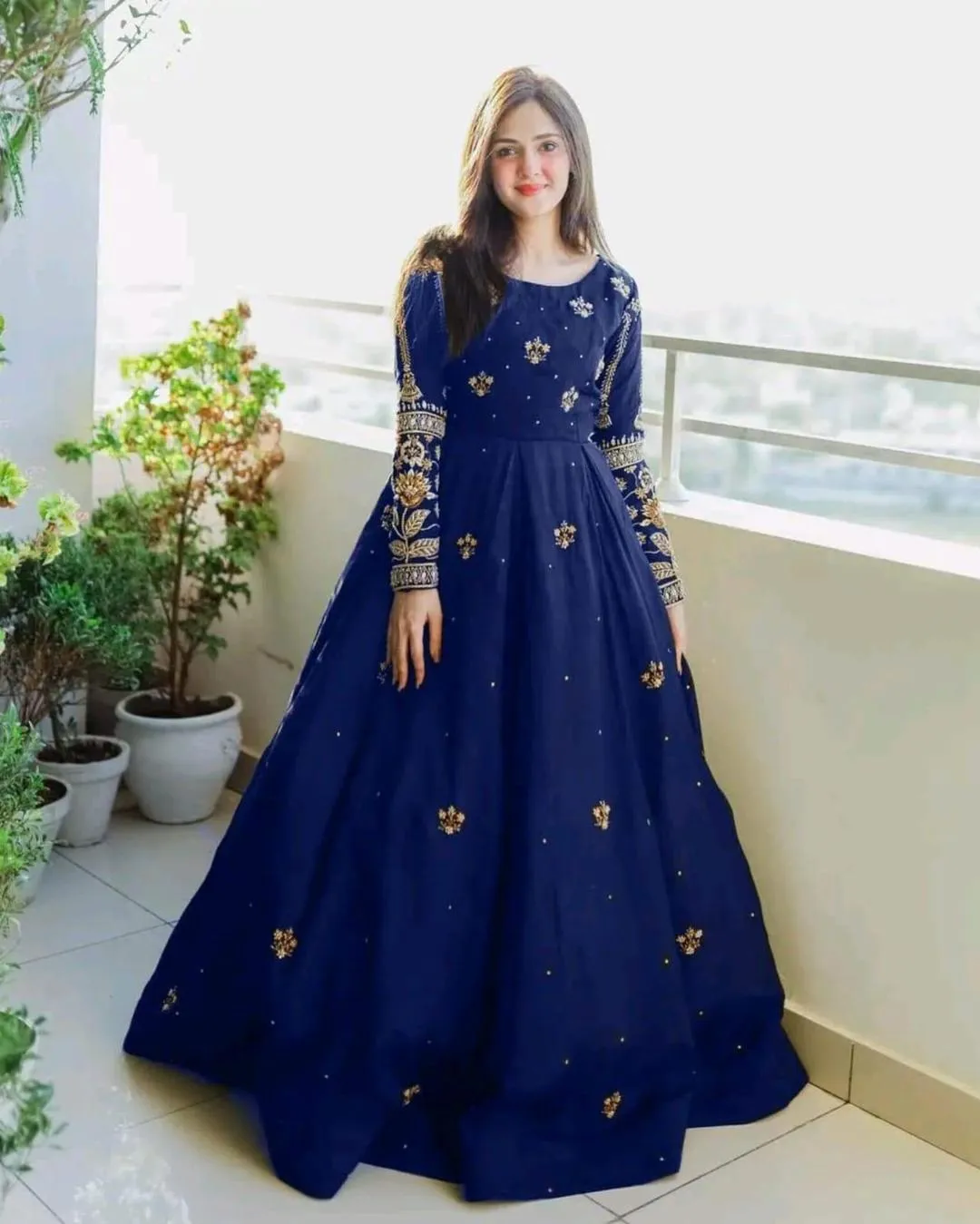Blue Embroidered Chiffon Maxi with Gold Zarri Work for Eid