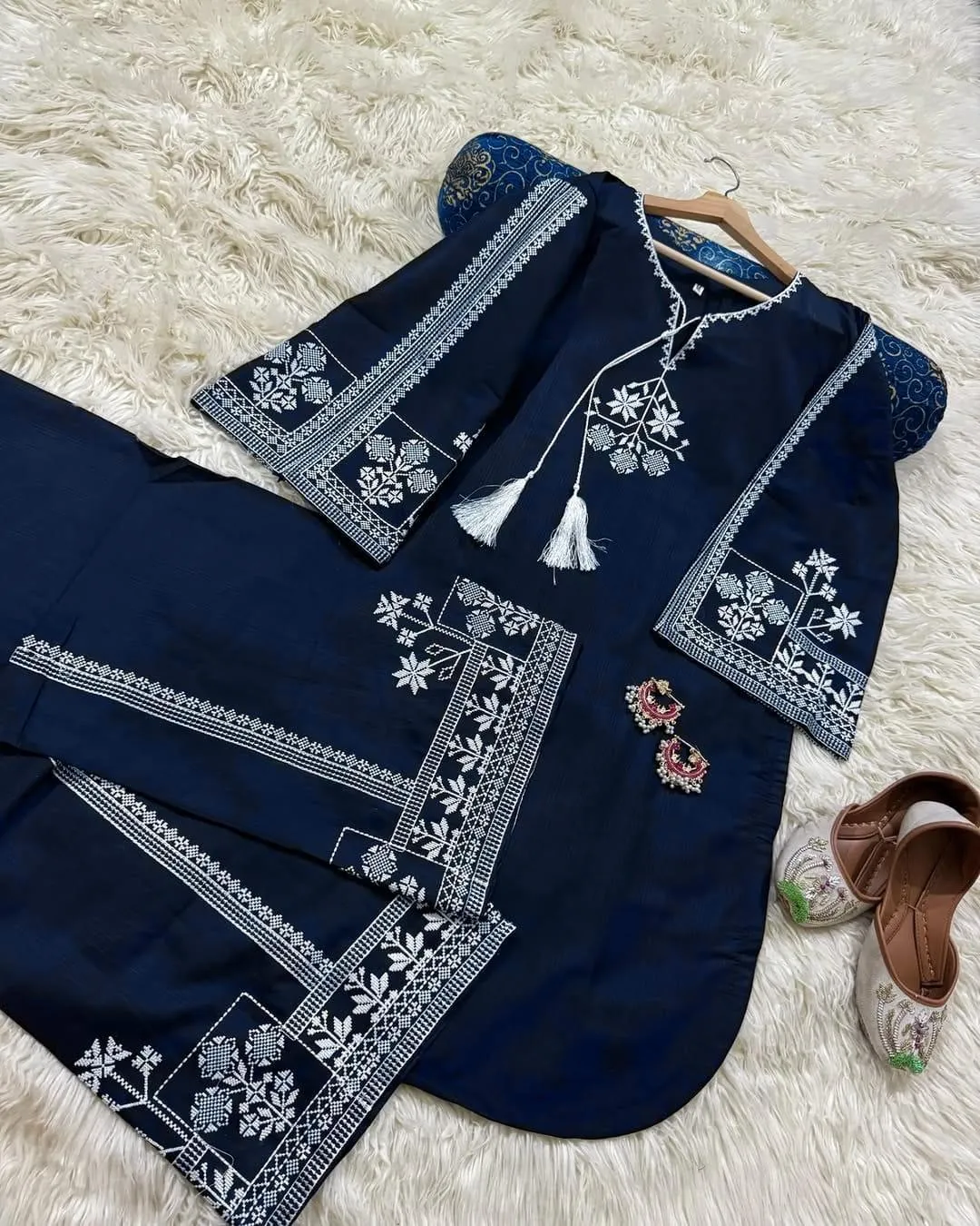 Men Aari Embroidered Blue Flapper Shirt Set 2Pcs