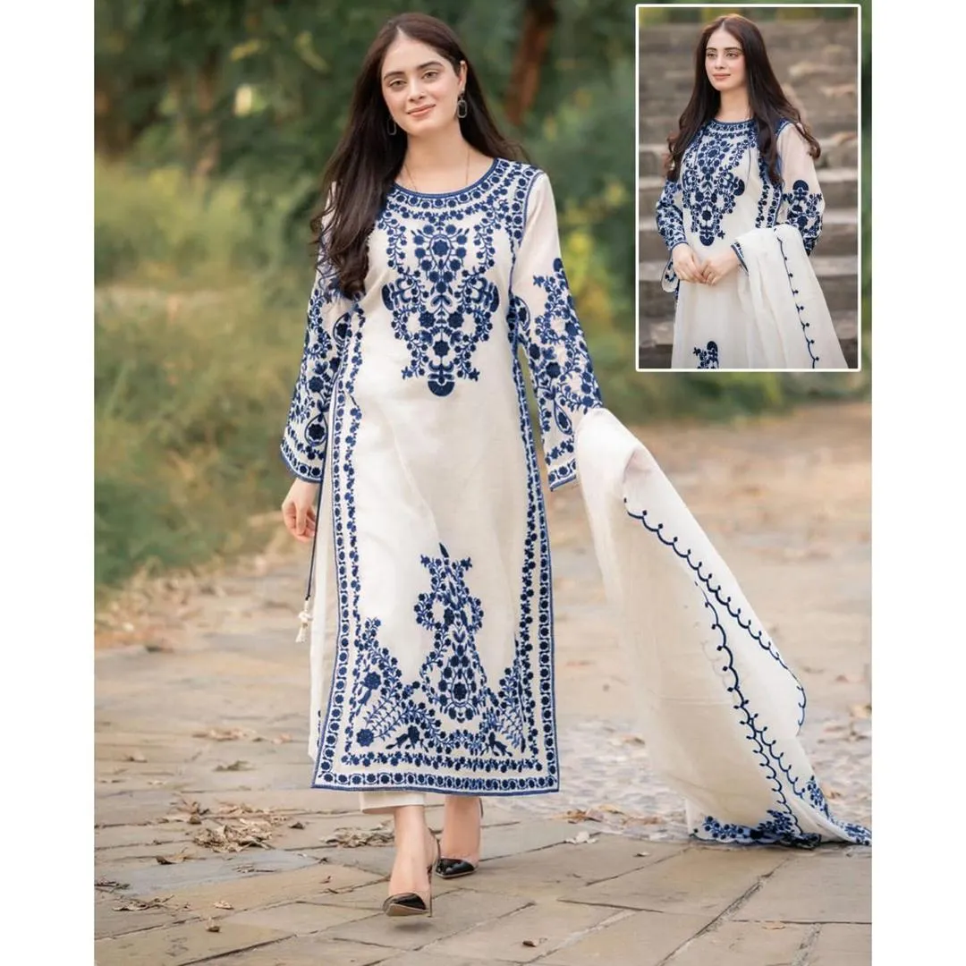 Elegant Blue Embroidered 3-Piece Organza Suit for Women