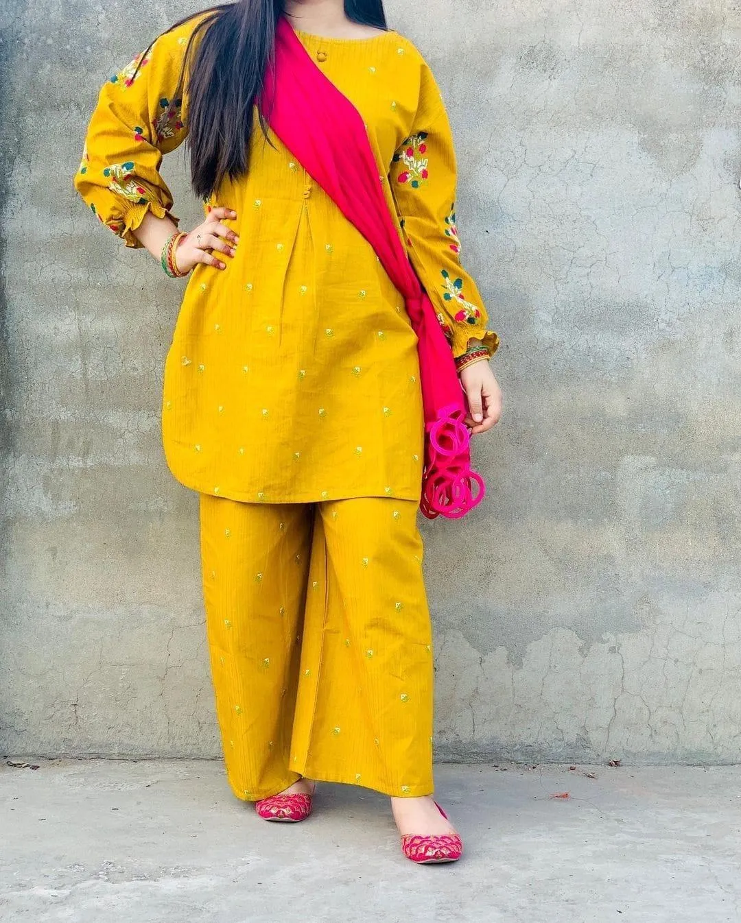 Yellow Embroidered Kurti with Flapper 2Pcs
