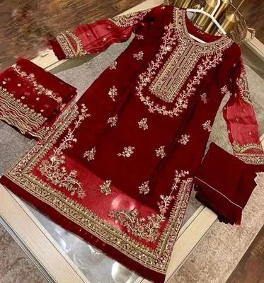Maroon Embroidered 3Pcs Organza Suit for Eid Party Wear