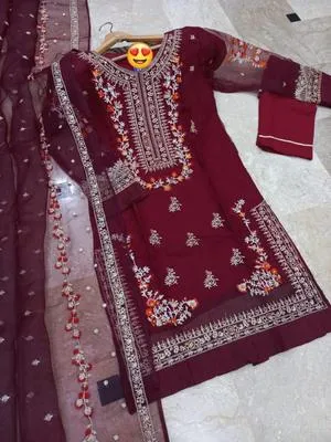 Maroon Embroidered 3Pcs Organza Suit for Eid Party Wear