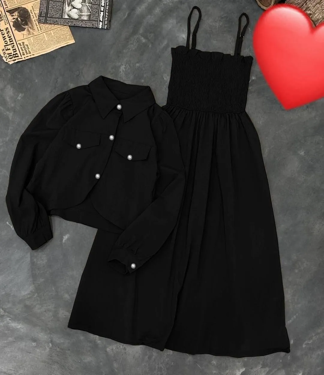 Black Linen 2-Piece Dress Set with Pearl Buttons