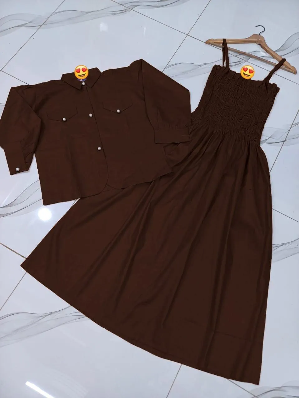 Brown Linen 2-Piece Set with Pearl Buttons & Flared Skirt