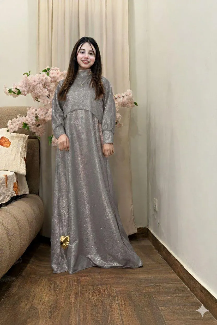 Silver Glitter Maxi Dress Set for Women 2Pcs