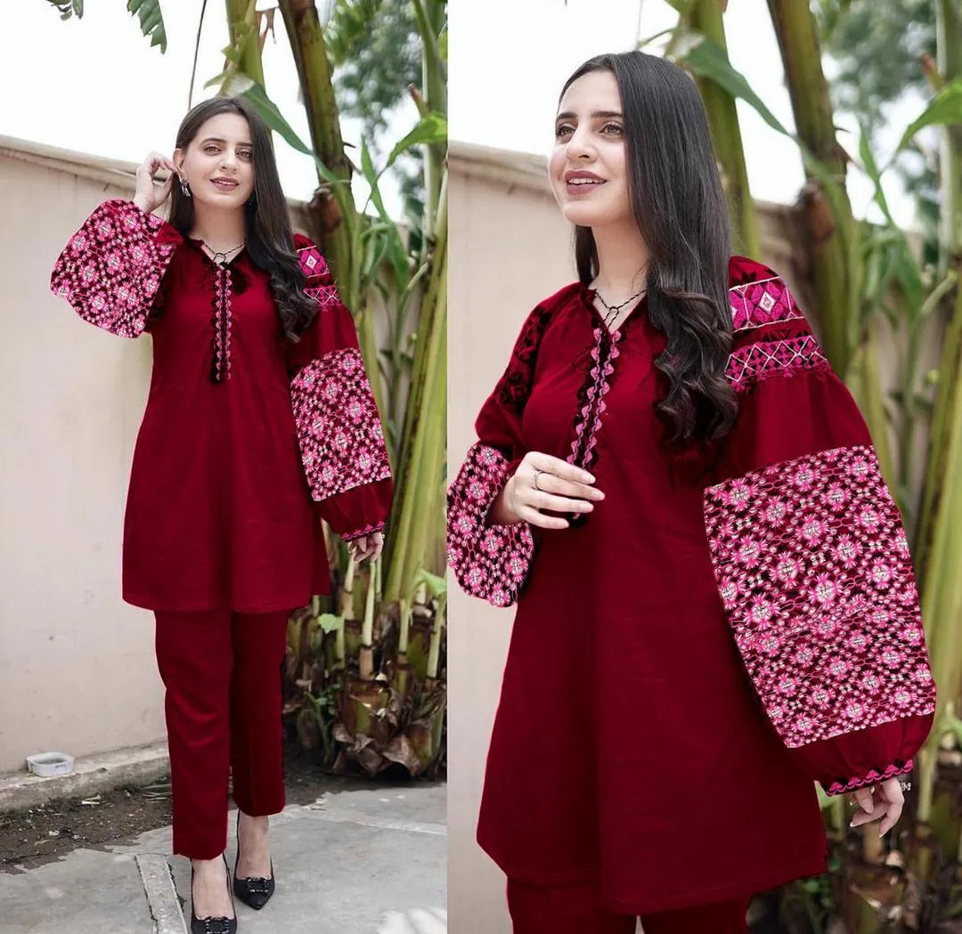 Maroon Linen 2-Piece Suit for Women with Heavy Embroidery