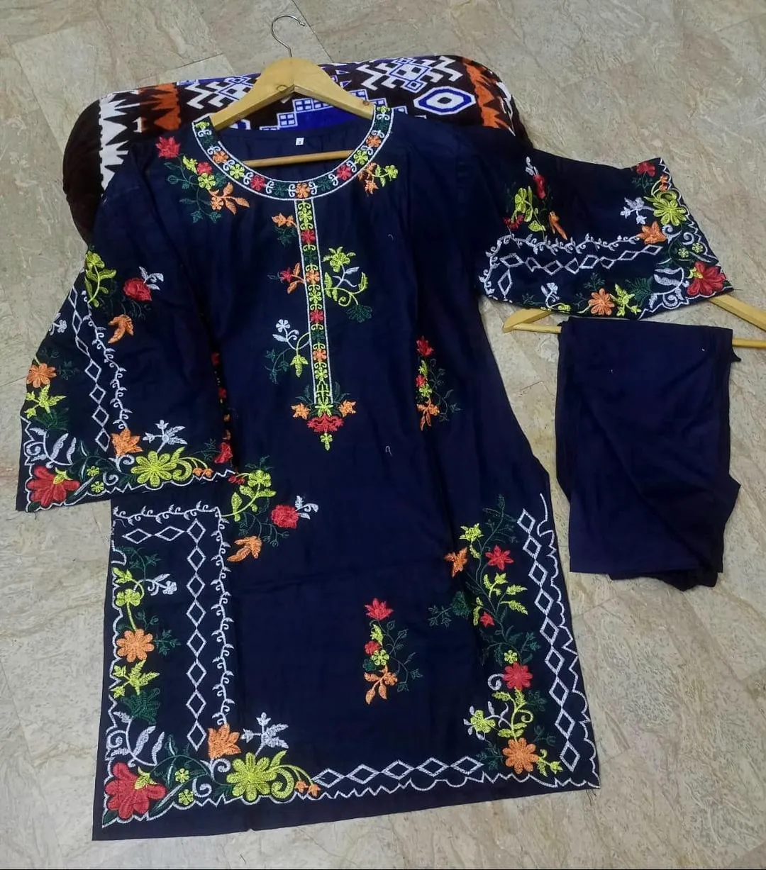 Navy Blue Floral Linen 2-Piece Set for Women