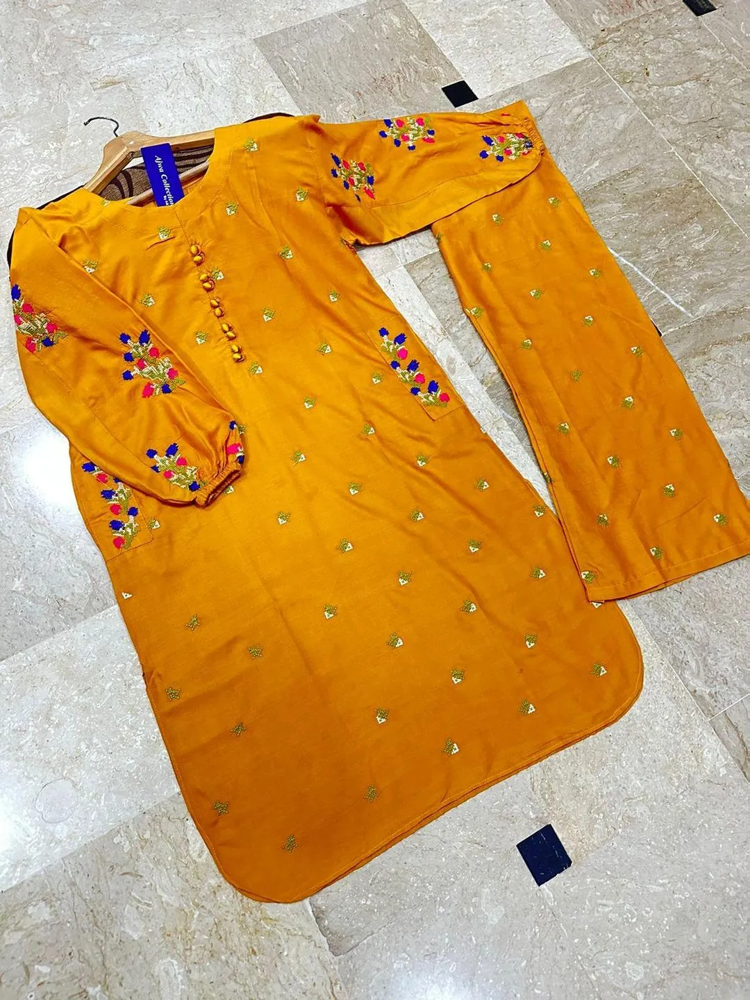 Yellow Embroidered 2-Piece Cotton Set for Women
