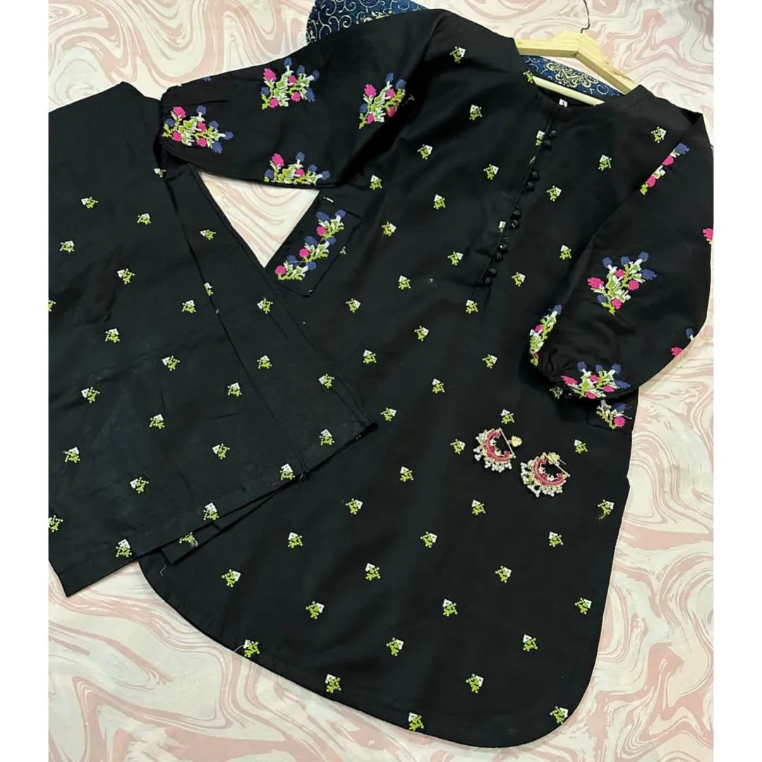 Black Embroidered 2-Piece Cotton Kurti Set for Women