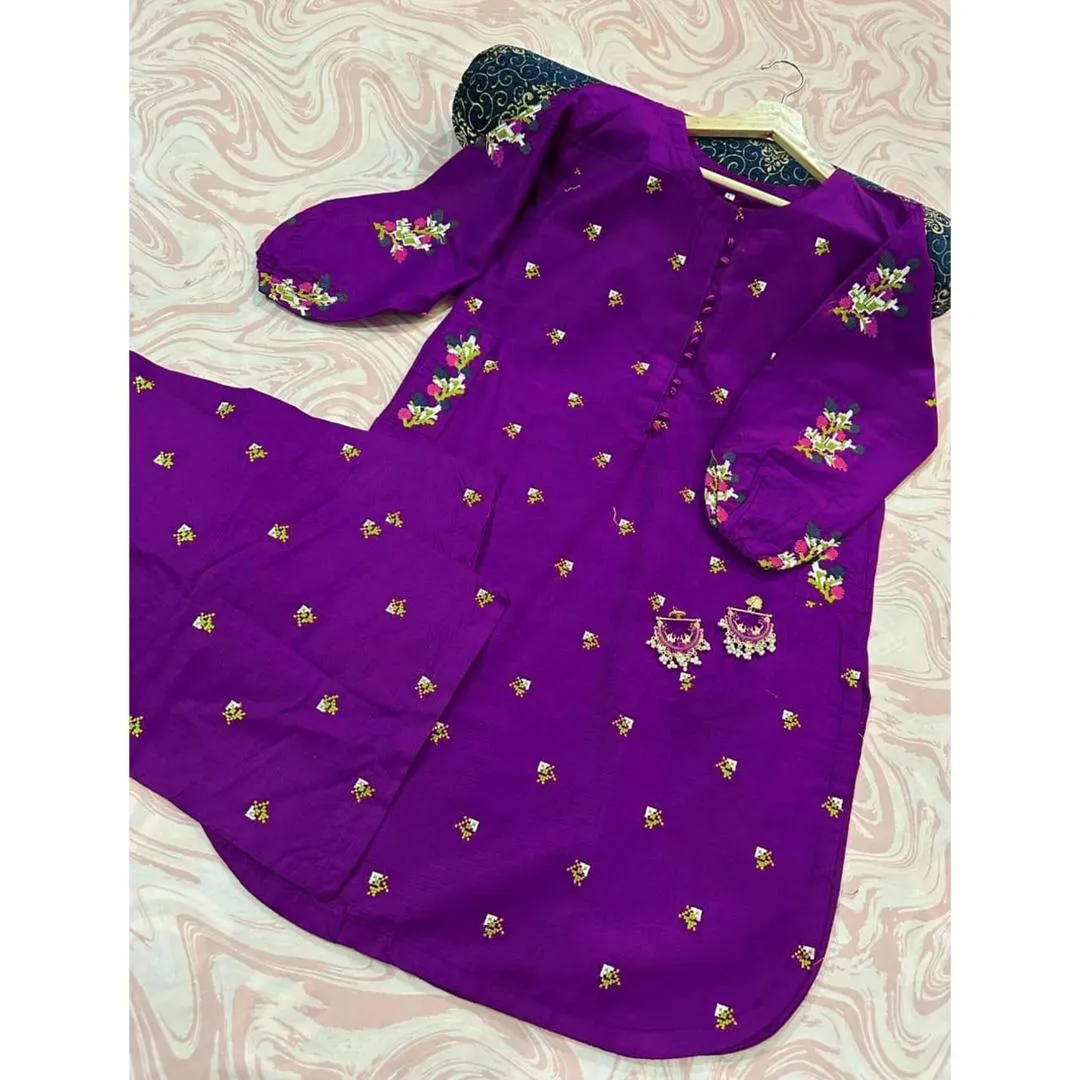 Purple Floral Embroidered Kurti and Flapper Set for Women