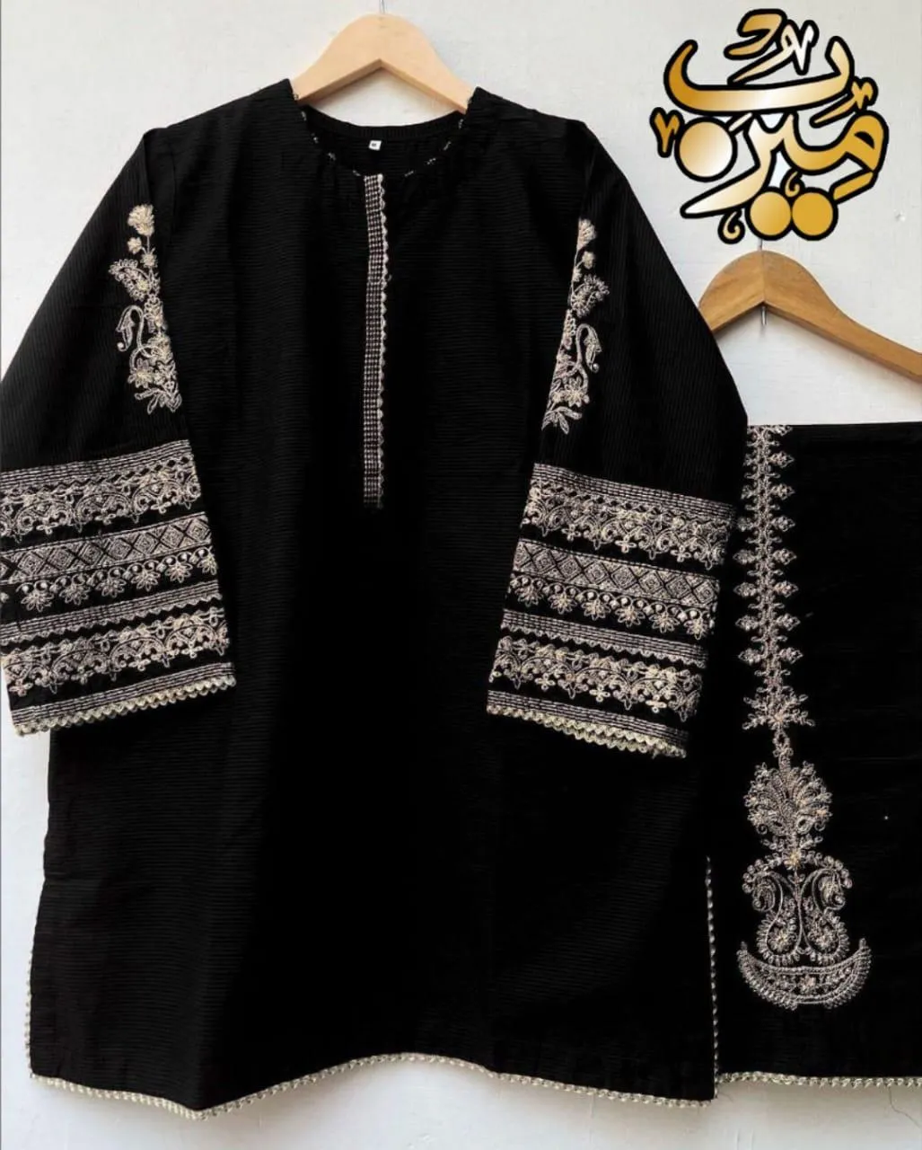 Black Shamoz Silk 2-Piece Embroidered Set for Women
