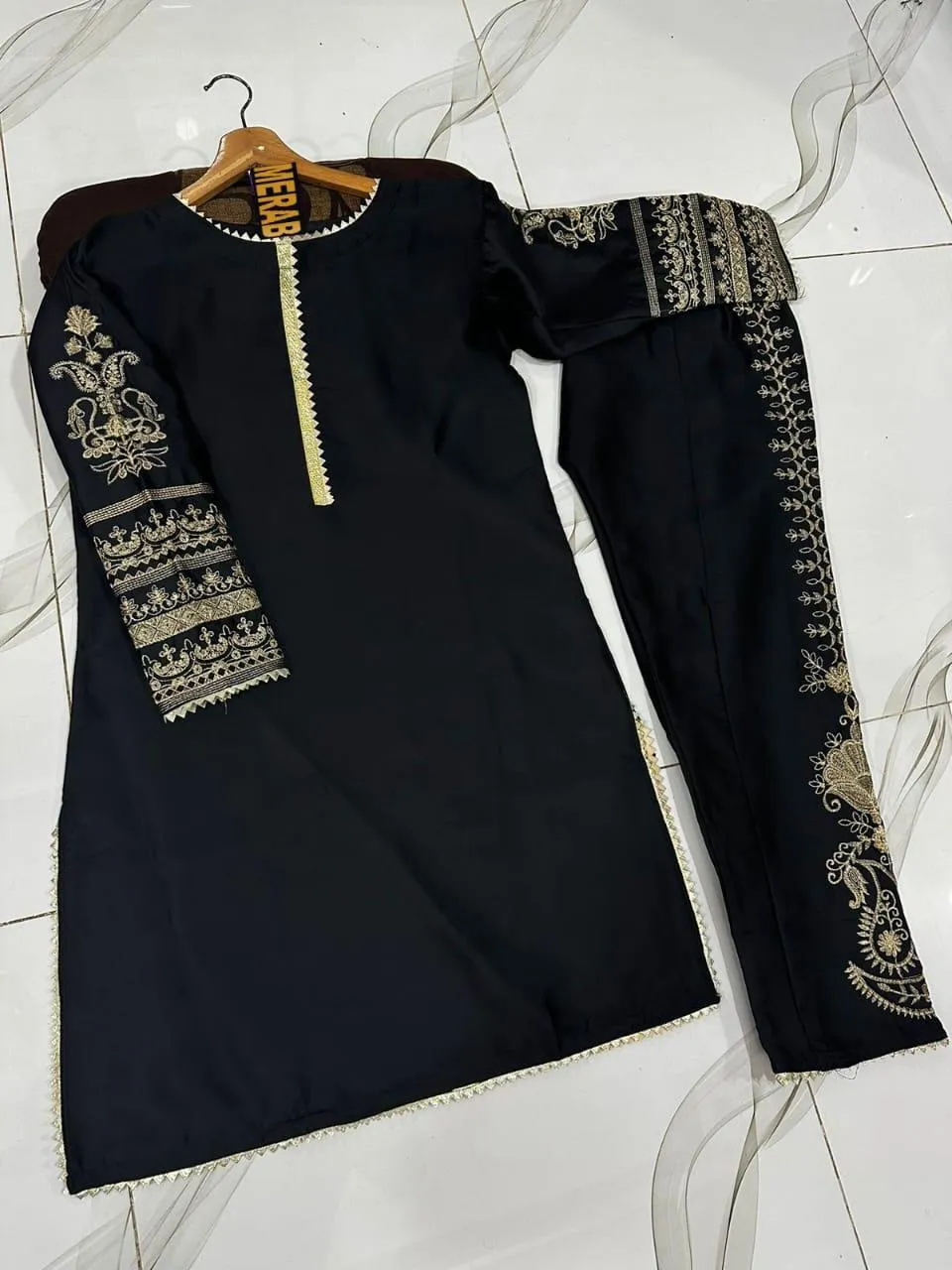 Black Shamoz Silk 2-Piece Embroidered Set for Women