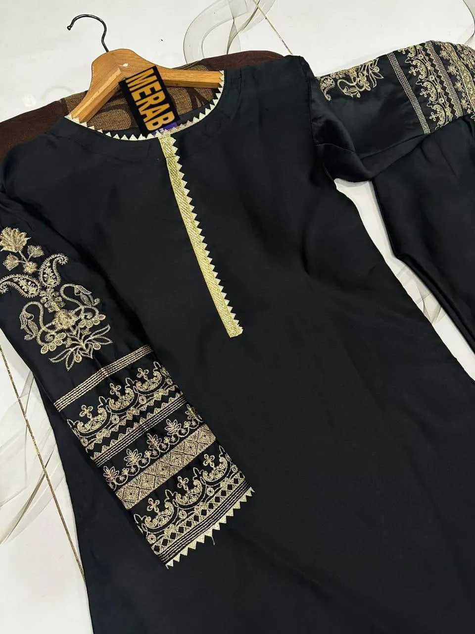 Black Shamoz Silk 2-Piece Embroidered Set for Women