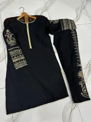 Black Shamoz Silk 2-Piece Embroidered Set for Women