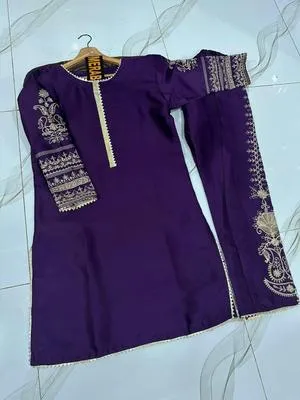 Purple Shamoz Silk 2-Piece Embroidered Set for Women