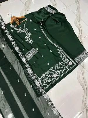 Green Embroidered Kurta Pajama Set for Women