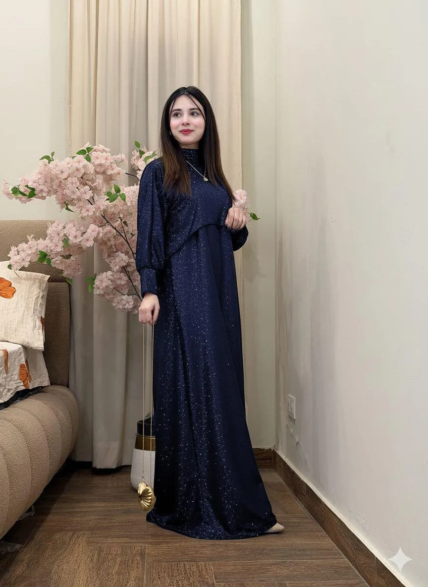 Blue Glitter Maxi Dress 2Pcs Set Party Wear