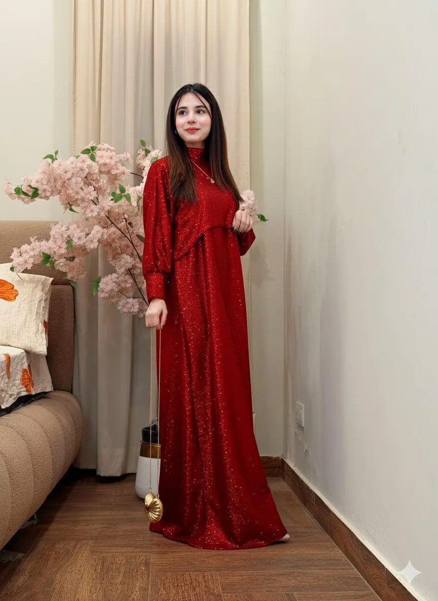 Red Sequin Maxi Cap & Skirt Set for Pakistani Weddings