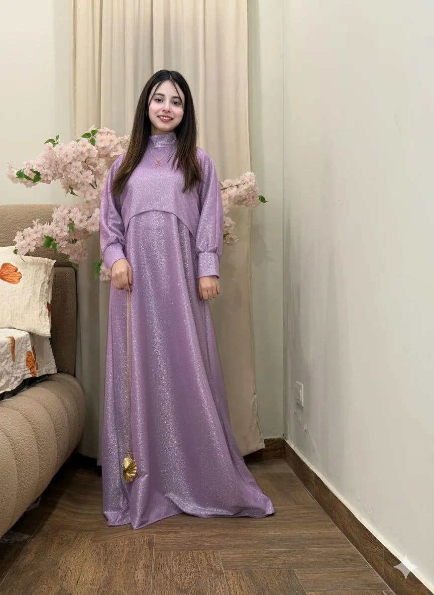 Purple Glitter Maxi Dress Set 2Pcs U-Neck Cap With Straps