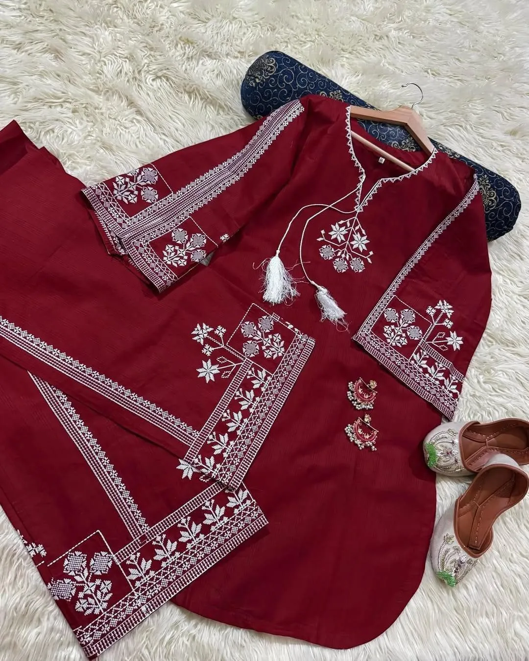 Air Saree Aari Embroidery Red 2Pcs Bareeza Cotton
