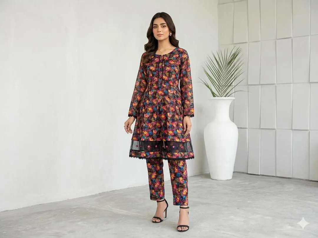Multicolor Lawn Printed 2Pcs Frock Trouser Set