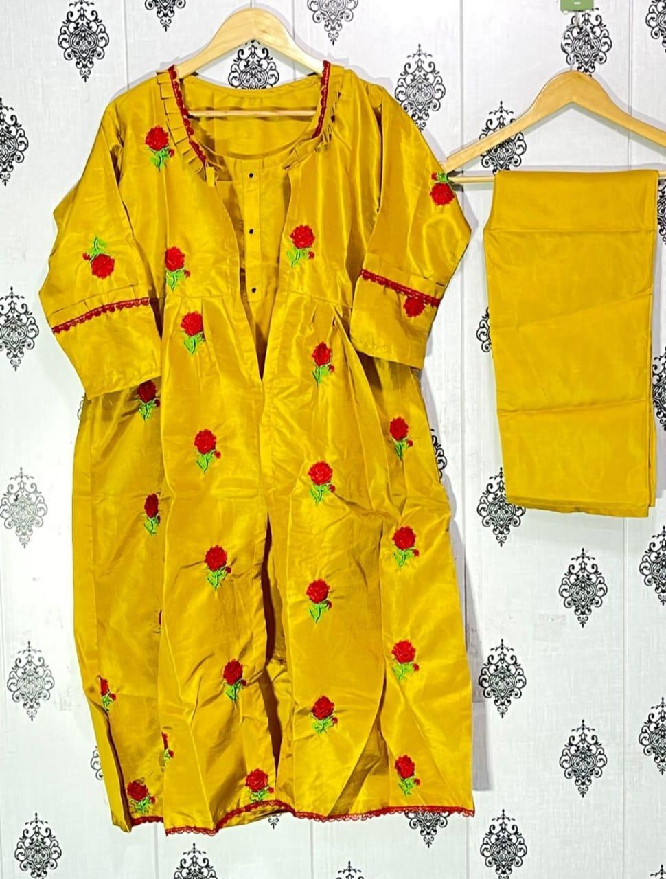 Women's Stitched 3 Pcs Gown Suit in Embroidered Katan Silk - Yellow