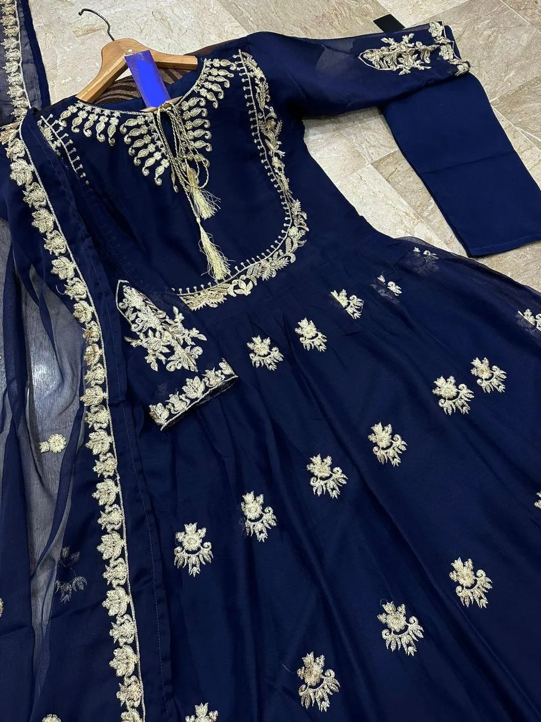 Blue Embroidered Chiffon Lehenga Set 3Pcs Party Wear