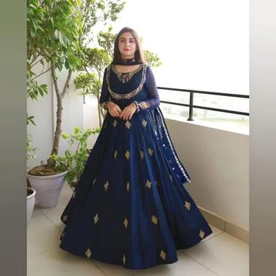Blue Embroidered Chiffon Lehenga Set 3Pcs Party Wear