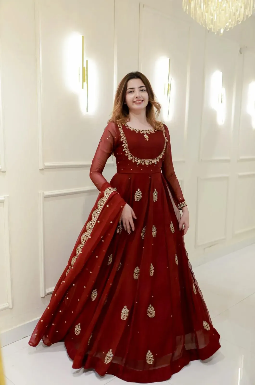 Maroon Embroidered Chiffon Maxi Set 3Pcs with Trouser & Dupatta