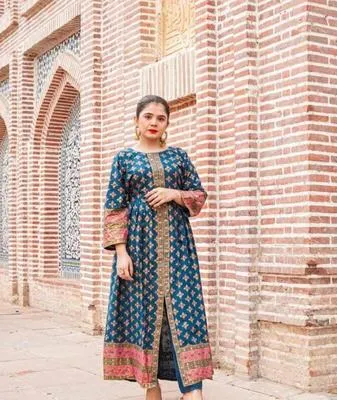 Premium Silk Printed Frock & Trouser Set Blue Gold Pink