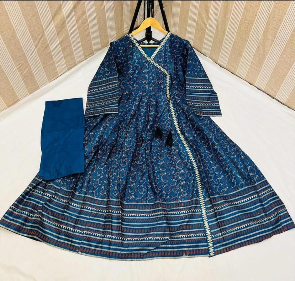 Women Linen Printed Maxi & Trouser Set Blue