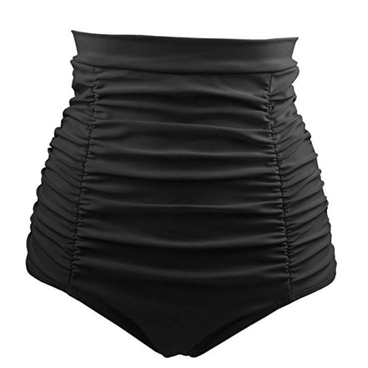 Black High Waist Pleated Women's Swim Trunks