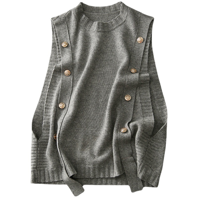 Women Knitted Button Vest Gray Casual Autumn Sweater