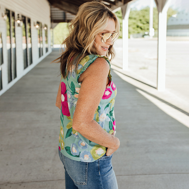 Women Floral Ruffled Sleeveless Top Summer Light Blue
