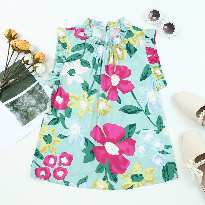 Women Floral Ruffled Sleeveless Top Summer Light Blue