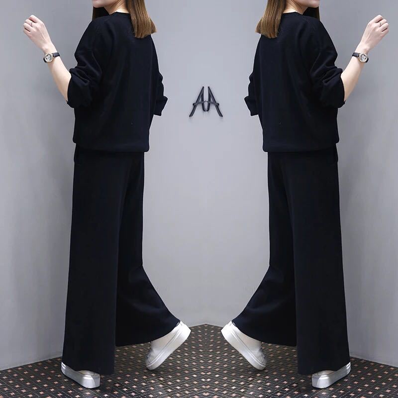 Women Black Wide Leg Pants Set Plus Size Spring Wear
