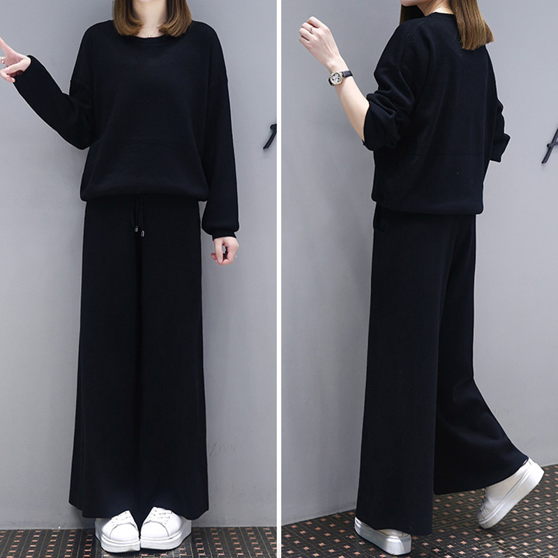 Women Black Wide Leg Pants Set Plus Size Spring Wear