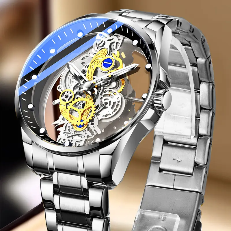 Men's Transparent Skeleton Quartz Watch Silver Stainless Steel