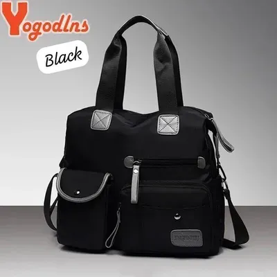 Ladies Waterproof Black Nylon Shoulder Bag with Multiple Pockets